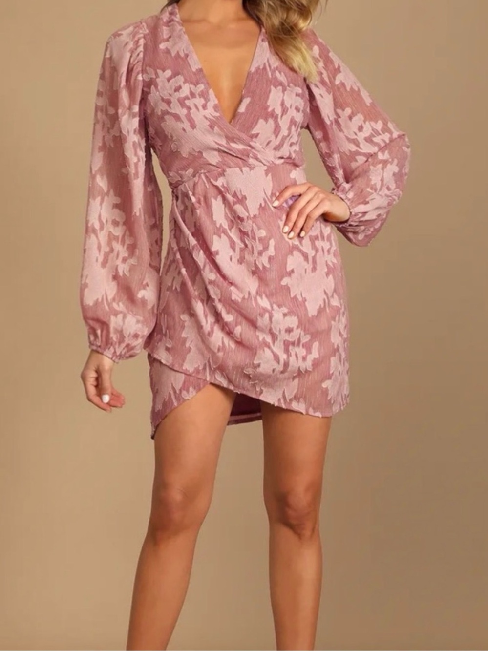 LULUS Meant to Shine Mauve Floral Jacquard Long Sleeve Mini Dress Wrap S Pink - Picture 2 of 9
